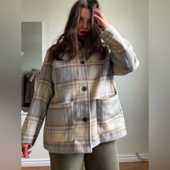 H&M cream tan coat with muted blue plaid - Picture 2 of 11